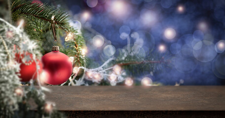 Christmas decorations and lights on the Christmas tree, blur background with free space 