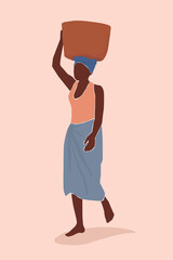 A dark-skinned female in a turban goes full-length with a basket on her head. A beautiful African woman in an abstract contemporary style. Vector graphics.