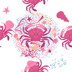 Crab marine life, fish, animals bright seamless patterns. sea travel, snorkeling with animals, tropical fish.