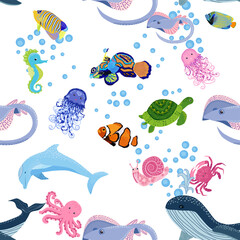 Naklejka premium Marine life, fish, animals bright seamless pattern. sea travel, underwater diving animal tropical fish. Jellyfish, whale, shark, seahorse, clown fish, dolphin, turtle, emperor