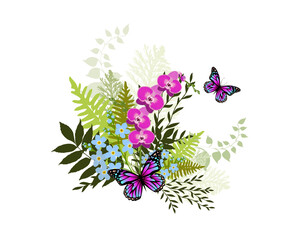 Bouquet of flowers and leaves with butterflies . Purple orchid. Vector illustration