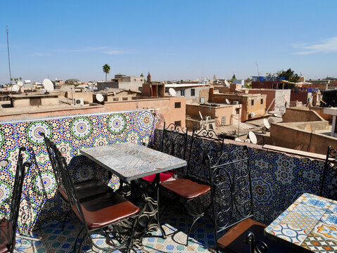 Marrakech, Morocco, 24.10.2021. Rooftop terrace of popular local eatery Chez Lamine, Hadj Mustapha at Mechoui Alley, known for its roast lamb specialities like mechoui, tangia and whole sheep head.