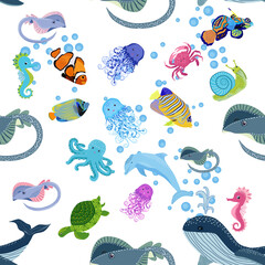 Naklejka premium Marine life, fish, animals bright seamless pattern. sea travel, underwater diving animal tropical fish. Jellyfish, whale, shark, seahorse, clown fish, dolphin, turtle, emperor
