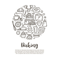 baking banner. Cute hand drawn kitchen tools and baked goods with desserts. vector illustration in black outline and white plane on white background.