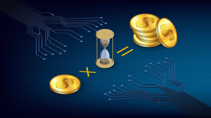 Isometric concept of earning coins during staking time with gold coins USD dollars and hourglass and PCB tracks on dark blue background. Header or banner.