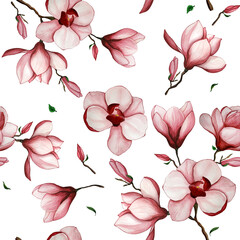 Seamless watercolor background with magnolias. Pink magnolia buds and blossoming flower © Olga