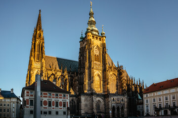 Naklejka premium Gothic St. Vitus Cathedral within the Gothic complex,Czech Republic.Most important famous monument in city.Spiritual historical symbol of Czechia with Royal Crypt and chapels.European heritage