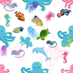 Naklejka premium Marine life, fish, animals bright seamless pattern. sea travel, underwater diving animal tropical fish. Jellyfish, whale, shark, seahorse, clown fish, dolphin, turtle, emperor