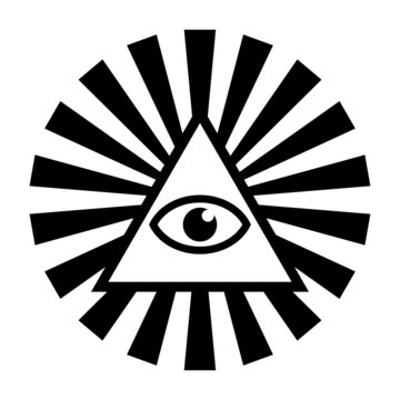 All seeing eye symbol. Eye of Providence. Masonic symbol. All seeing eye inside triangle pyramid. New World Order. Sacred geometry, religion, spirituality, occultism. Isolated vector illustration