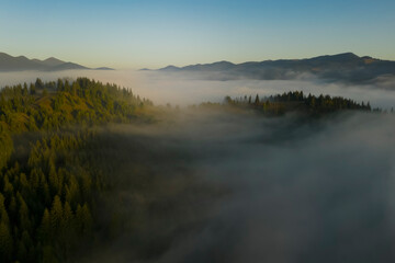 Fototapeta na wymiar Aerial view of beautiful landscape with misty forest in mountains