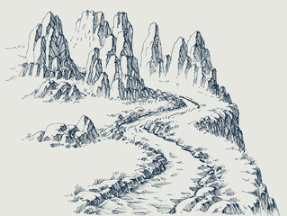Hiking road in the mountains, alpine rocky landscape, mountain ranges  hand drawing - 473806621