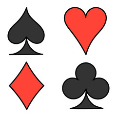 Set of hand drawn vector playing card suits in doodle style on white background.