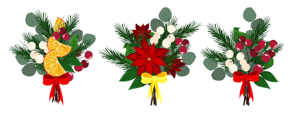 Sprigs of eucalyptus, spruce, snowberry and holly gathered in a bouquet. Christmas bouquets with bow and orange slices