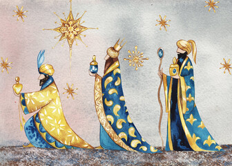 Three Wise kings following the Star of Bethlehem watercolor illustration