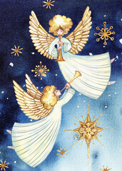 Watercolor illustration, two flying angels with christmas stars