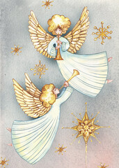 Watercolor illustration, two flying angels with christmas stars