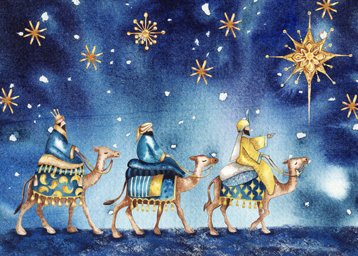Three Wise kings following the Star of Bethlehem watercolor illustration