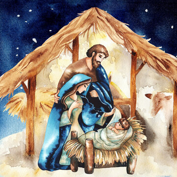Christmas nativity scene of Joseph and Mary holding baby Jesus, hand drawn watercolor illustration