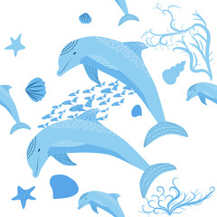 Dolphin, sea inhabitants seamless pattern, beautiful character among seashells, algae, starfish, marine wildlife
