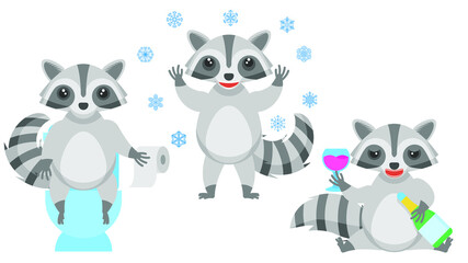 Set Abstract Collection Flat Cartoon 
Different Animal Raccons Sitting On The Toilet, Stands Under The Falling Snowflakes, Drinks Alcoholic Beverages Vector Design Style Elements Fauna Wildlife