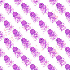 Obraz premium Jellyfish, fish, animals bright seamless patterns. Sea travel, snorkeling with animals, tropical fish.