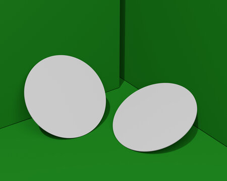 3D render, mockup of round business cards, with auxiliary markup for easy placement of your design. Green background, chromakey for easy color change or background replacement