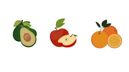 Illustration of orange, avocado and apple. The topic of healthy eating. Vitamins.