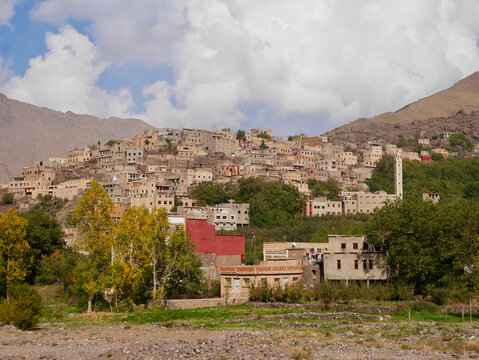Beautiful Berber village Aroumd in the High Atlas Mountains. Djebel Toubkal National Park, Morocco.