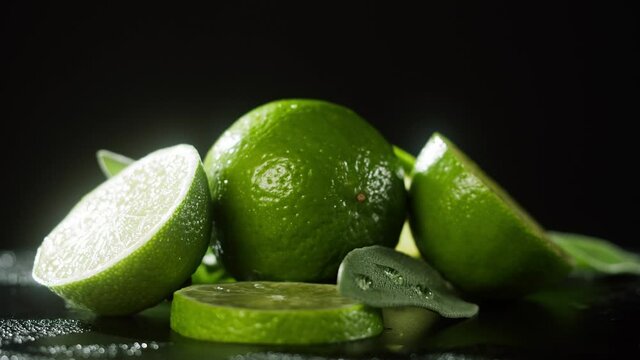 Body aroma oil close-up. Spray diffuser and limes on black background. Perfume for home, relaxing and spa concept. Skincare, cosmetics and beauty. 