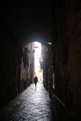 Fototapeta na wymiar Dark lane in the city of Naples, Italy