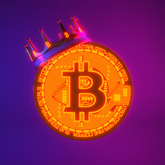 Bitcoin in crown. Cryptocurrency king concept. 3D image.