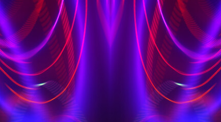 Dark abstract futuristic background with ultraviolet neon glow.  Laser neon lines, waves.