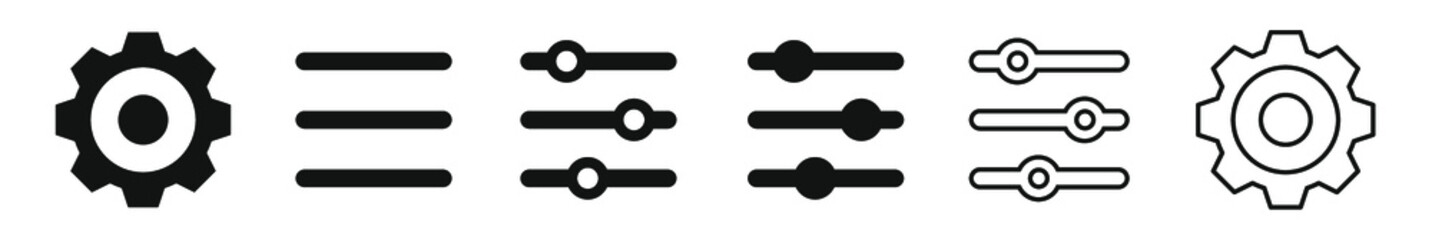 Setting black icon set. Isolated option symbols on white background. Gear cogwheel settings, basic app options. Config glyph filled and outline. Vector illustration.