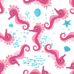 Seahorse, sea inhabitants seamless pattern, beautiful character among seashells, seaweed, starfish, marine