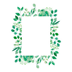 Watercolor botanical frame with trendy greenery: eucalyptus, fern, succulent, salal lemon. Isolated floral border with green herbs and leaves for wedding, cards, packaging and logo.	