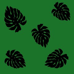 monstera leaf illustration. painted in black. green background