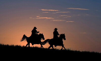 Two cowboys on horseback against dawn sky