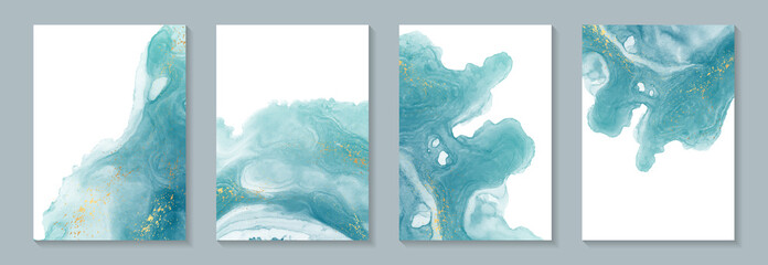 Modern watercolor background or elegant card design for birthday invite or wedding or menu with abstract teal blue ink waves and golden splashes.