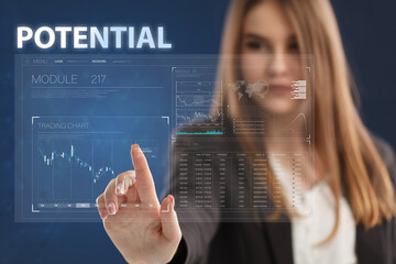 Business, Technology, Internet and network concept. Young businessman working on a virtual screen of the future and sees the inscription: Potential