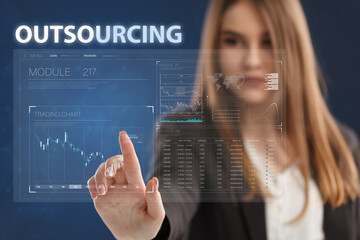 Business, Technology, Internet and network concept. Young businessman working on a virtual screen of the future and sees the inscription: Outsourcing