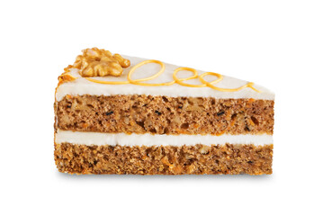 Carrot cake with cream cheese filling on a white isolated background
