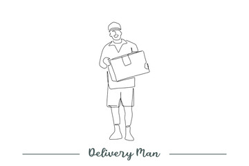 Continuous line art or One Line Drawing of delivery man standing with parcel post