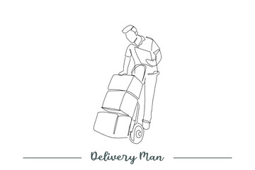 Continuous line art or One Line Drawing of 
 delivery man  standing with parcel post