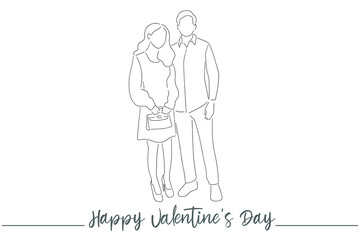 Continuous line of men and women show their love, kiss Valentine's Day Love Thailand vector illustration, hand-drawn lines, simple wedding couples.