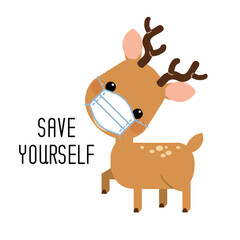 Cute cartoon reindeer wearing face mask protection from dust and virus isolated on white background. Vector illustration for prevention the spread of bacteria, coronaviruses.