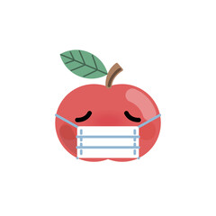 Cute cartoon apple with medical mask. Sick face emoji vector icon.