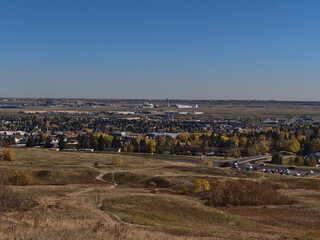 Beautiful view over popular Nose Hill Park in the north of Calgary, Alberta, Canada in fall with...