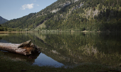 Sommer Stimmung am Lödensee im bayerischen Voralpenland bei Ruhpolding mit Blick vom Seeufer und Bergpanorama Landschaft im Hintergrund 