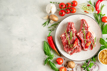Fresh veal meat with various ingredients for cooking on concrete background. Flat lay, copy space.