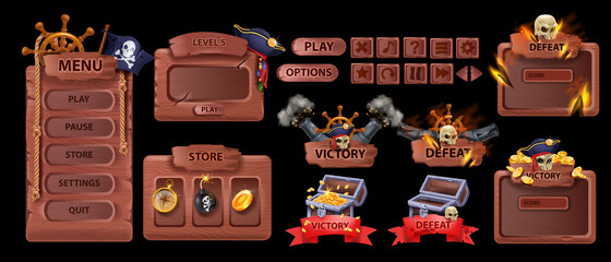 Wooden pirate game UI icon set, corsair timber menu panel, vector interface kit, victory defeat badge. Mobile app GUI buttons, gold chest, store frame, holly roger flag skull. Medieval wooden sea game © Oleksandra